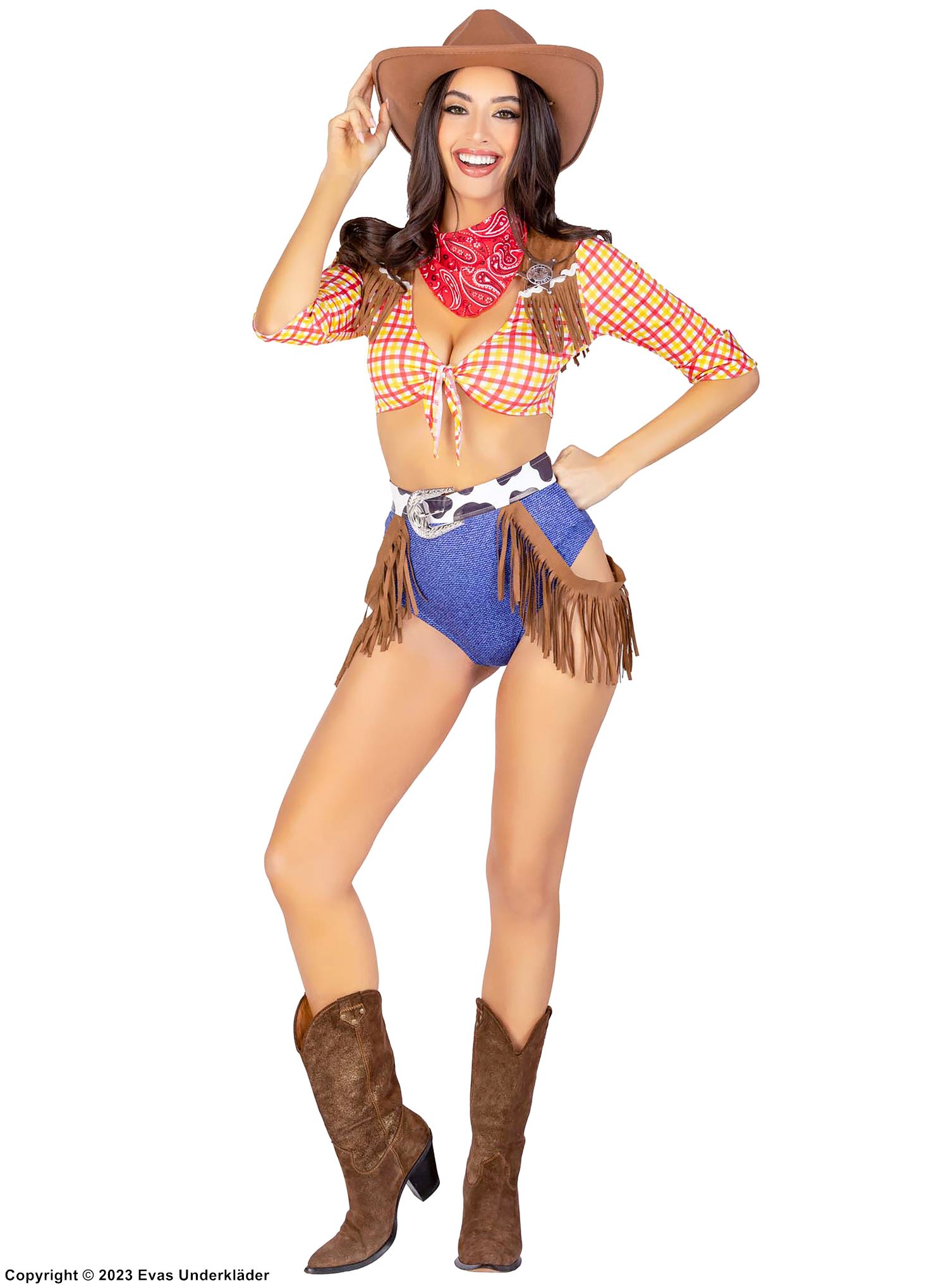 Woody from Toy Story, top and shorts costume, fringes, 3/4 length sleeves, scott-checkered pattern